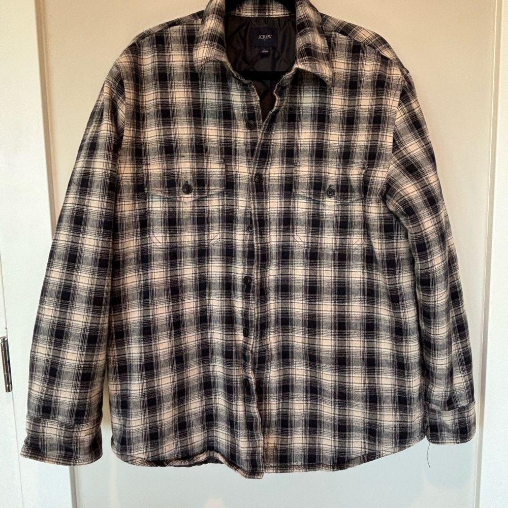 J. Crew Men's Plaid Quilted Flannel Shirt Jacket - Black and White 169 Sale